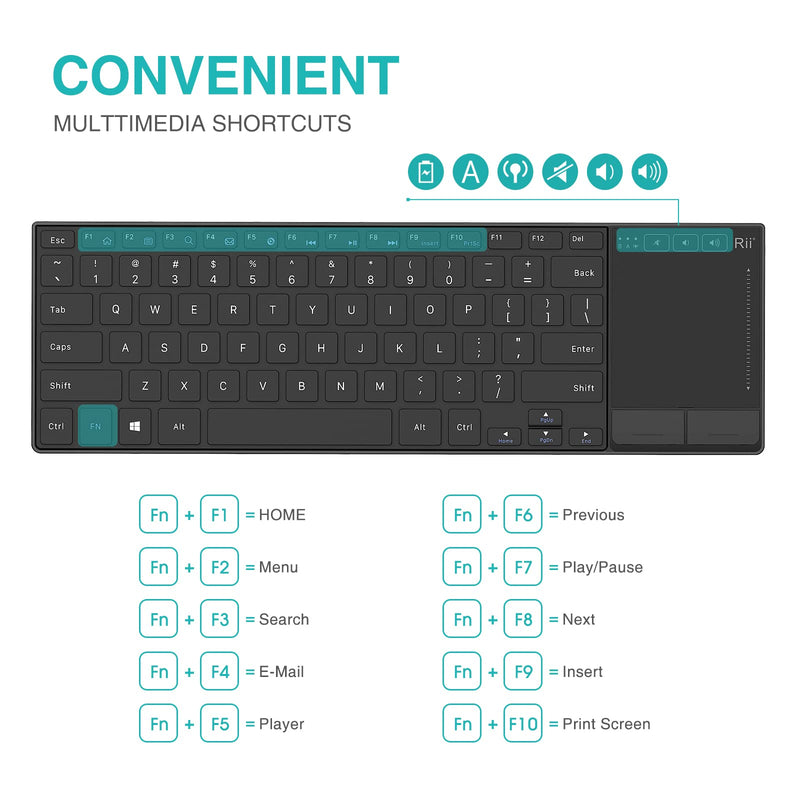 Rii K22 Ultra Slim 2.4 Gigahertz Mini Wireless Multimedia Keyboard with Touchpad for PC and Laptop