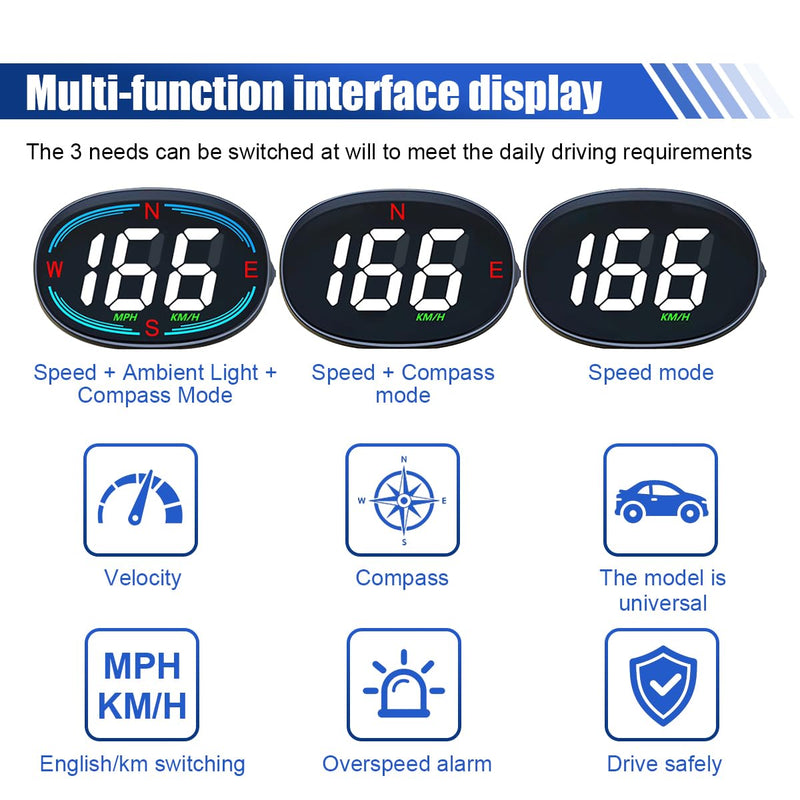 Car Digital Speedometer, Car Head-Up Display, HUD Speedometer with GPS Compass, Plug and Play Display with Speeding Alarm, USB Connect MPH Speed Meter Suitable for Most Vehicles