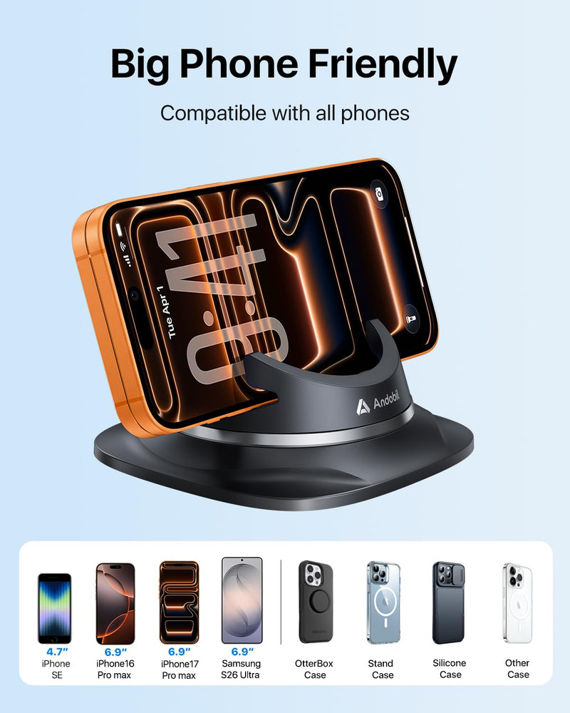andobil 2026 Upgraded Car Phone Holder Mount, Ultra Stable & Silicone Phone Holders for Your Car 360° Rotatable Dashboard Cell Phone Holder Mount for iPhone 17 Pro Max/16/15/14/13/12/ Samsung Black