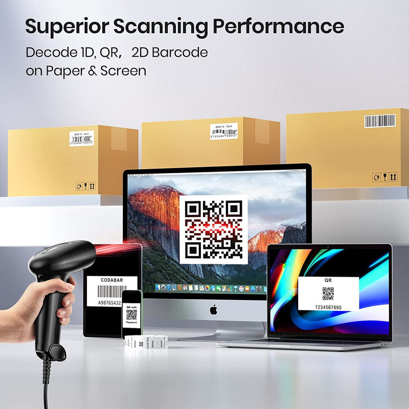 Barcode Scanner with Stand, USB Wired Inventory 2D 1D QR Code Scanners for Computer POS Support Automatic Screen Scanning, Handheld CMOS Image Bar Code Reader for Warehouse Library Supermarket