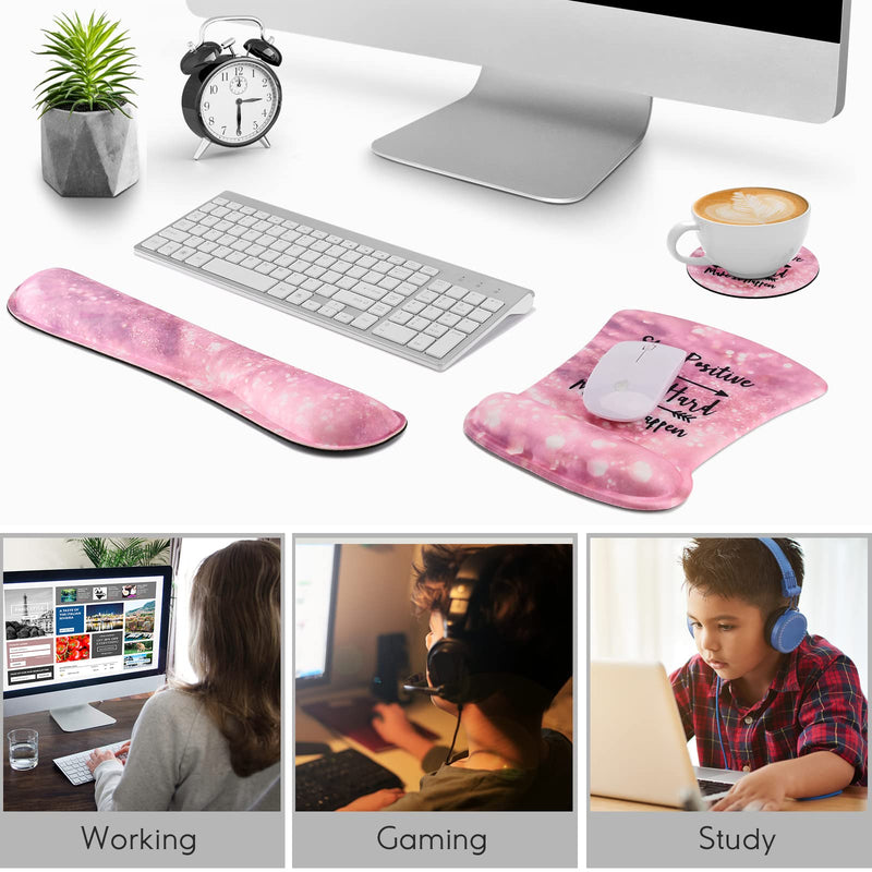 Ergonomic Mouse Pad with Wrist Support Gel, DINKY Upgraded Keyboard Wrist Rest Pad Set, Lovely Coaster with Non-Slip PU Base Mouse Pads for Working, Gaming and Family (Pink Letters) Pink Letters