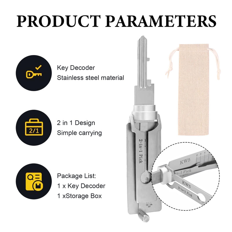Stainless Steel Key Decoder, Decoder Key, Key Decoder Made of Stainless Steel, Key Decoder with 1 Storage Bag, for Door Lock, Bedroom Lock, Key Decoder KW5