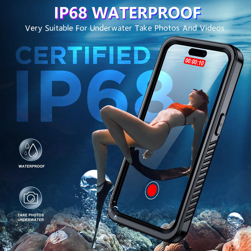 2026 New Designed for iPhone 15 Pro Max Case Waterproof, [Built-in Screen Protector & Glass Camera Protector][Full Body Shockproof][IP68 Underwater][Dropproof] Phone Case for iPhone 15 Pro Max 6.7" Black/Clear