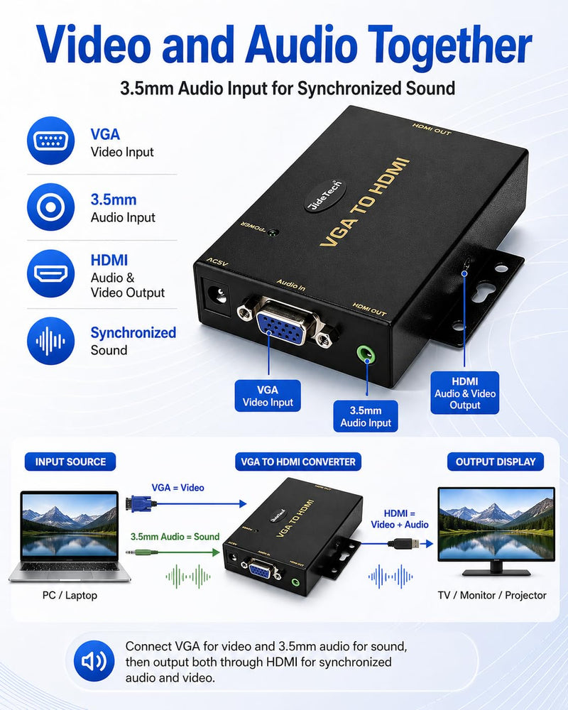 JideTech VGA to HDMI Converter with Audio, One-Way VGA Source to HDMI Display Adapter, 1080P Active Converter, DC 5V Powered, 3.5mm Audio Input, for HDTV, Monitor and Projector