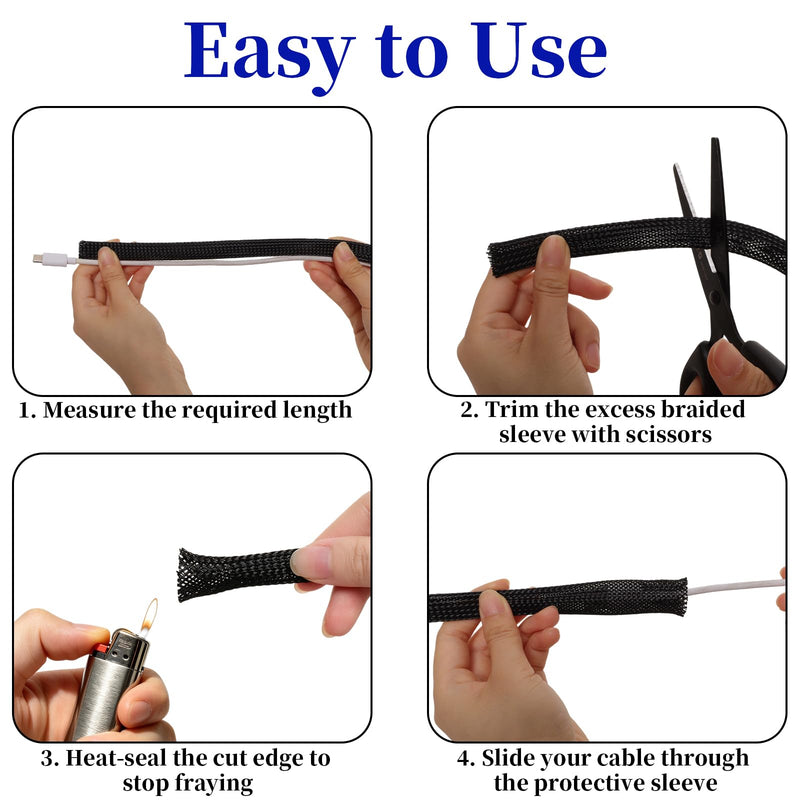 26ft-1/2 inch Expandable Braided Cable Sleeving Black | Split Mesh Wire Loom Tubing, Split Sheathing Wrap Sleeve, Cable Management, For TV Computer Home Theater