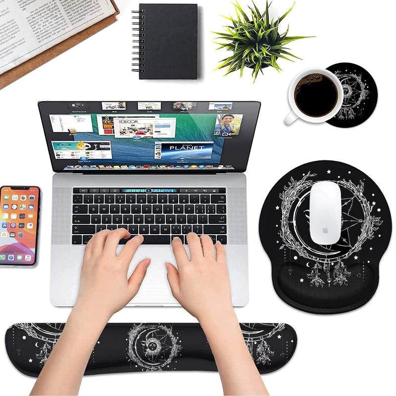 Keyboard Wrist Rest and Mouse Pad Wrist Support Set, Non-Slip PU Base, Easy Typing and Relieve Wrist Pain, Perfect for Home Office Working Studying, Celestial Theme Sun with Crescent Moon