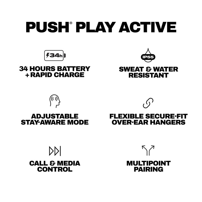 Skullcandy Push Play Active Wireless Earbuds - True Black/Orange | In-Ear Hanger, Bluetooth, Noise Isolating 58 Hours Battery, Sweat and Water Resistant, Microphone, Running Outdoors, Exercise One Size