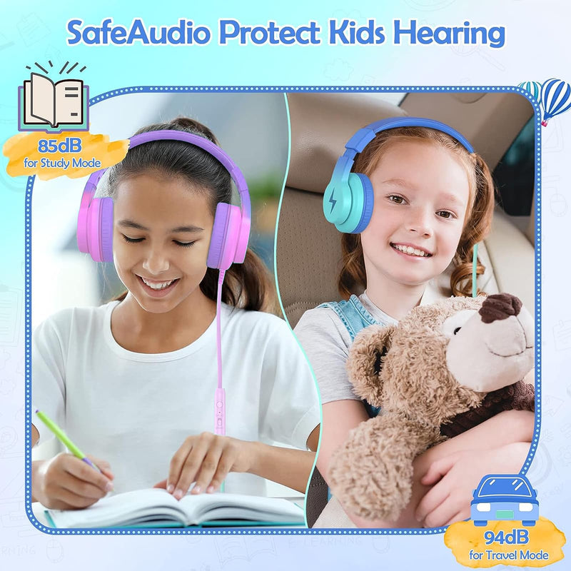 Candy Bila Wired Kids Headphones for School, Over-Ear for Boys Girls | Volume Limiter 85/94dB, HD Stereo Sound, Microphone and Wired Control, Foldable Design Gradient Blue, Gradient Purple