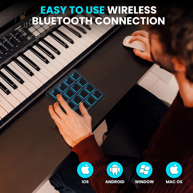 M-VAVE Wireless MIDI Controller Pads, 4.1 * 4.1 Inch, 0.28 LBS, Bluetooth Portable USB with 16 Drum, Note Repeat, Full Level Buttons, Rechargeable battery (Black Pocket)