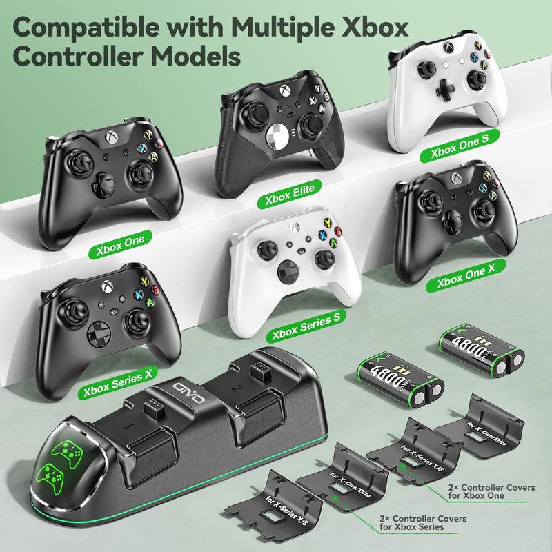 Controller Charger Station for Xbox Series/One-X/S/Elite with 2 x 4800 mWh Rechargeable Battery Packs, Charging Station Dock Stand for Xbox Series X & S Faceplates Controller Battery with 4 Covers Black