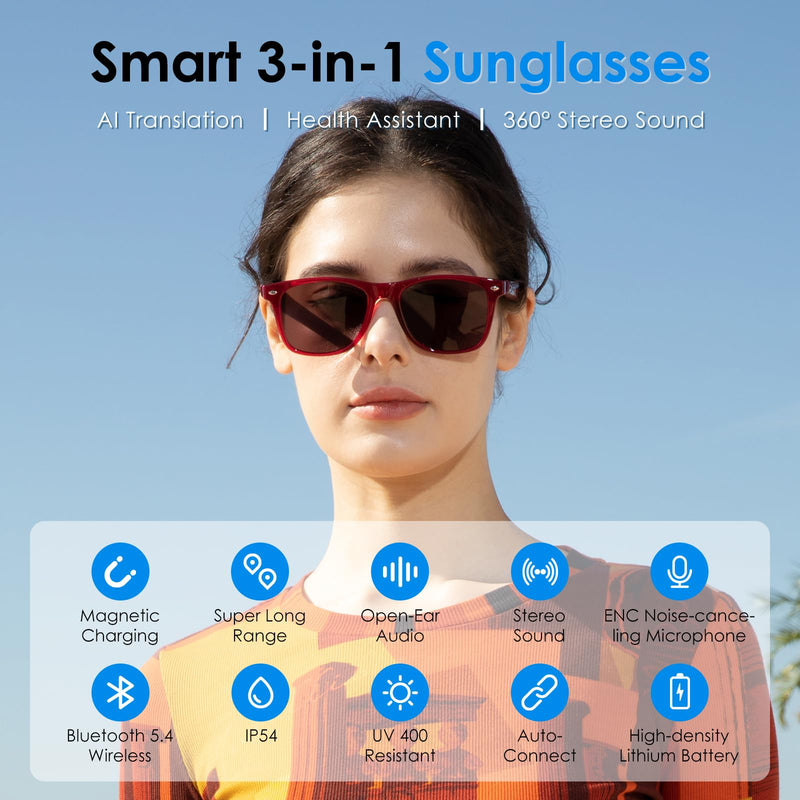 GetD AI Glasses, Smart Glasses Powered by ChatGPT, Real-Time AI Translation | Polarized lens, AI translation in 145 languages, Hands‑free calls, Immersive audio, Holds AI conversations, 11H Playtime