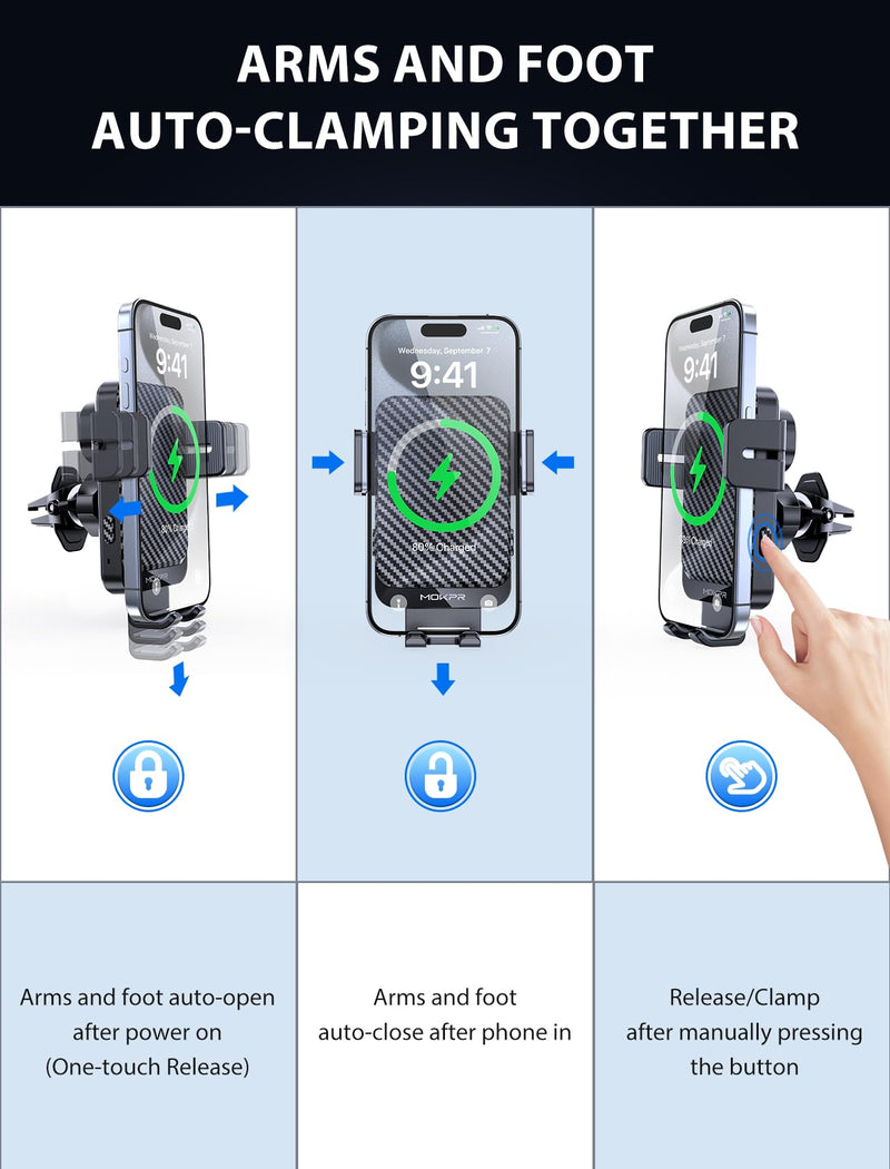 Wireless Car Charger, MOKPR 15W Fast Charging Auto-Clamping Car Charger Phone Mount Air Vent Cell Phone Holder Compatible iPhone 15/14/13/13 Pro/12 pro/12/11/X/8, Samsung Galaxy S23/S22/S21/S20, etc Black