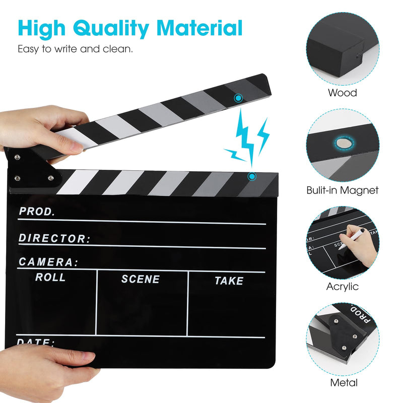 Film Directors Clapboard, Move Slate Photography Video TV Cut Action Scene Acrylic Clapper Board Props with a Magnetic Blackboard Eraser, Two Custom Pens, Cleaning Cloth and Hex Wrench (Black) Black