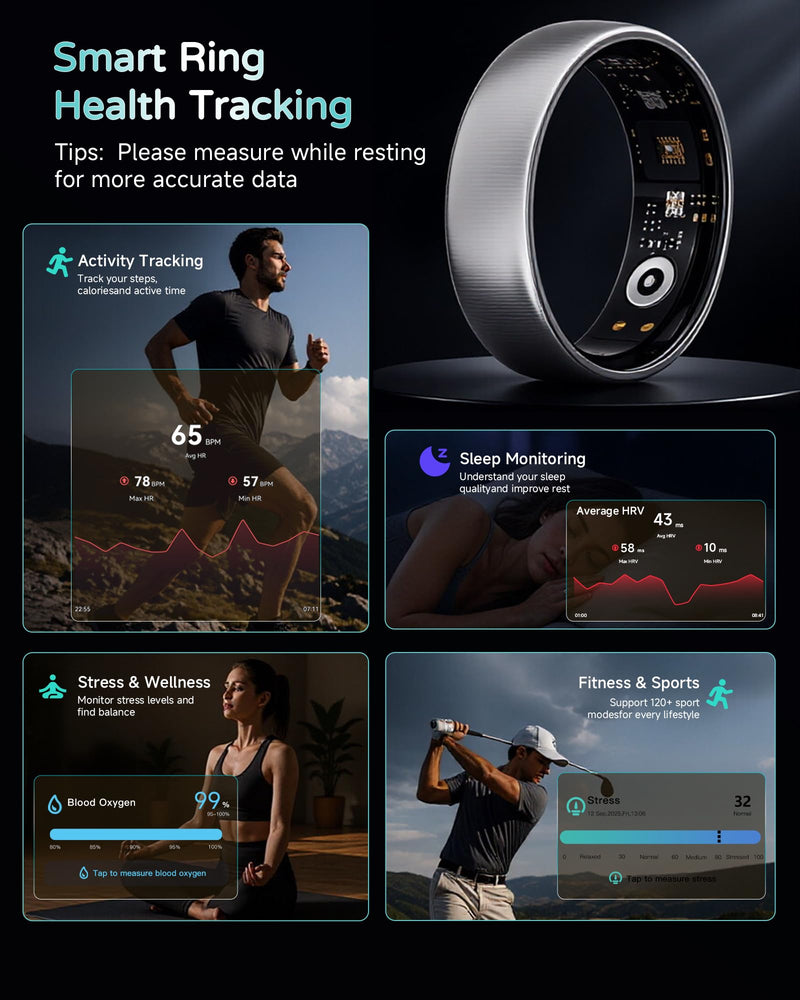 Smart Ring for Women Men, Health & FitnessTracker Ring, Brushed Gold,#7 | Heart Rate, HRV, 5GPS Sport Mode,5-9 Days Battery Life,No Subscription Fee, IP68 Waterproof for iPhone 10.0+ & Android 5.0+ #7