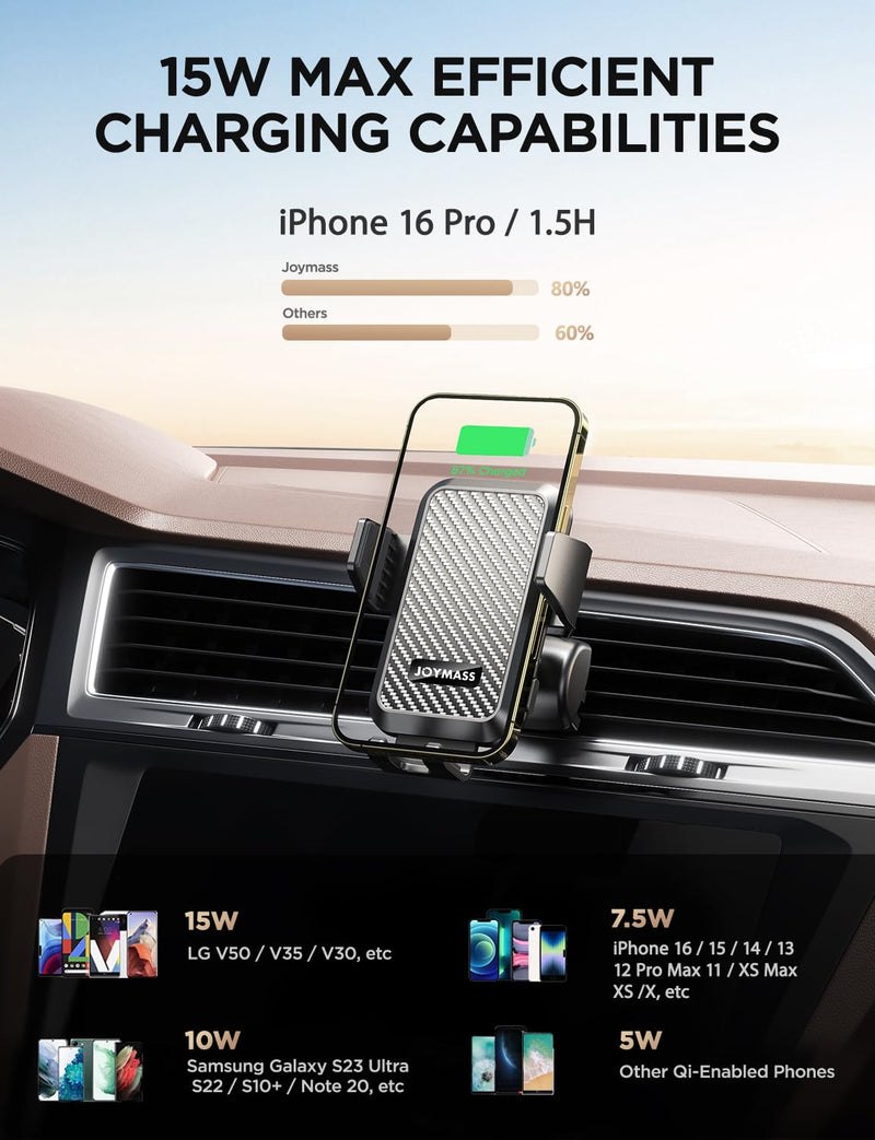 Wireless Car Charger, 15W Fast Charging Auto Clamping Car Charger Cell Phone Holder Mount Vent for iPhone 15 14 13 12 Mini Pro Max 11 XR XS X, Samsung Galaxy S23 Ultra S22 S21+ Note 20, etc BLACK