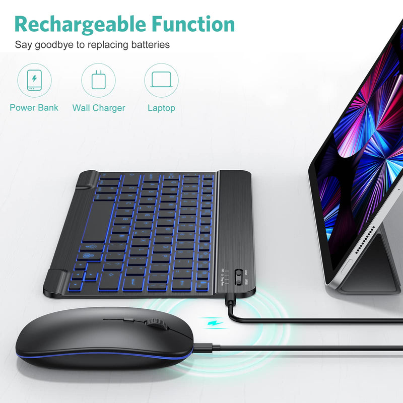 TECURS Bluetooth Keyboard and Mouse Combo for iPad, 7-Color Backlit Rechargeable Wireless Keyboard & Mouse Compatible with iPad 9th/8th Gen, iPad Pro/Air/Mini and ipadOS 13 and Above, Black