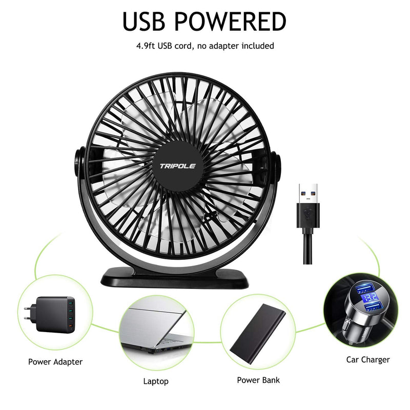 TriPole Small Desk Fan USB Powered Portable Fan 3 Speeds Strong Airflow Mini Fan 360°Rotation Personal Fan 5.1 Inch Table Fan for Home Office Bedroom Desktop, Black, 4.9ft Cable