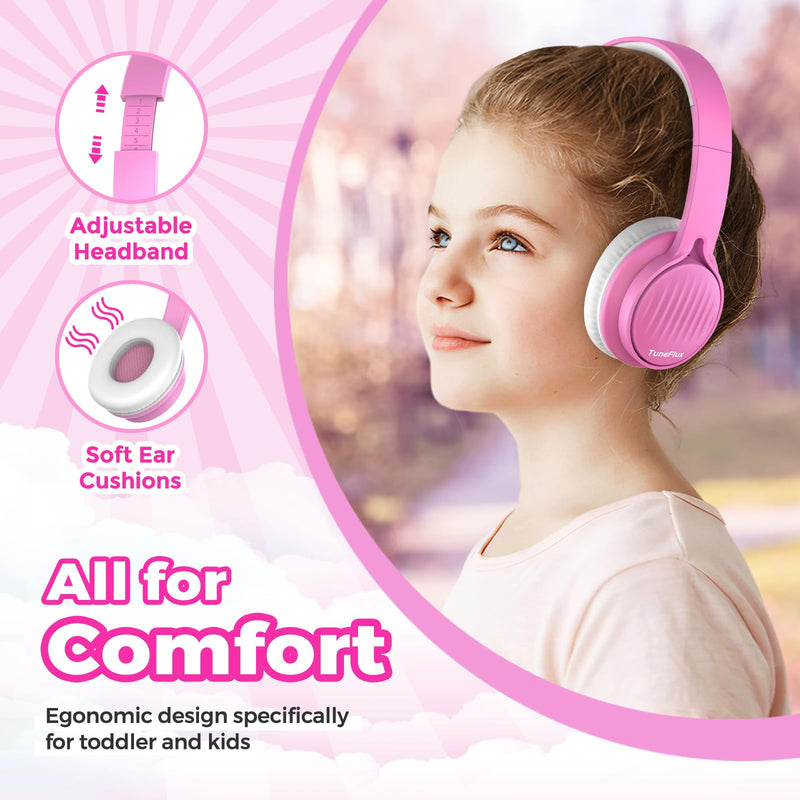 [AUSTRALIA] - TuneFlux Upgraded Kids Headphones, Wired Toddler Headphones, 85dB Limited Volume On Ear Headphones, Portable Foldable Design, Stereo Sound Kids Headphones for School/Tablet/Travel-Pink Pink 