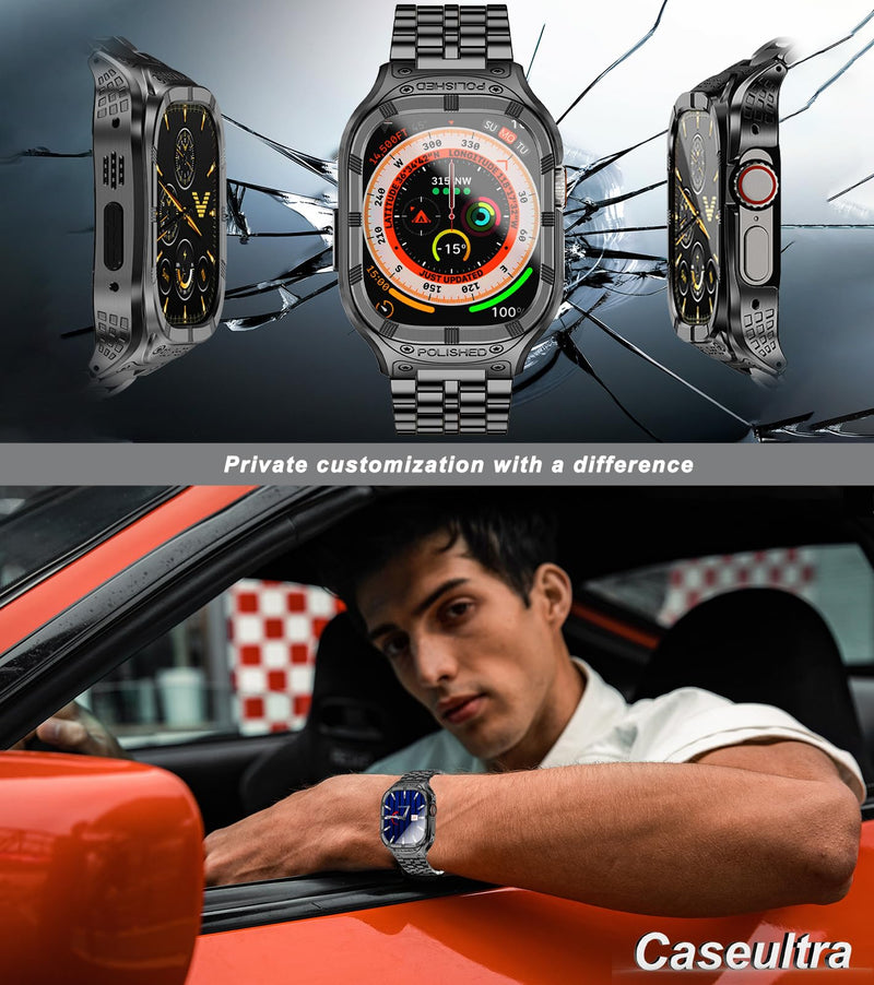 Stainless Steel Case and Band Compatible for Apple Watch Ultra 2 Band/Apple Watch Ultra Band 49mm 45mm 44mm 42mm,Rugged Metal iWatch Ultra/Ultra 2 Case with Strap for Men Black