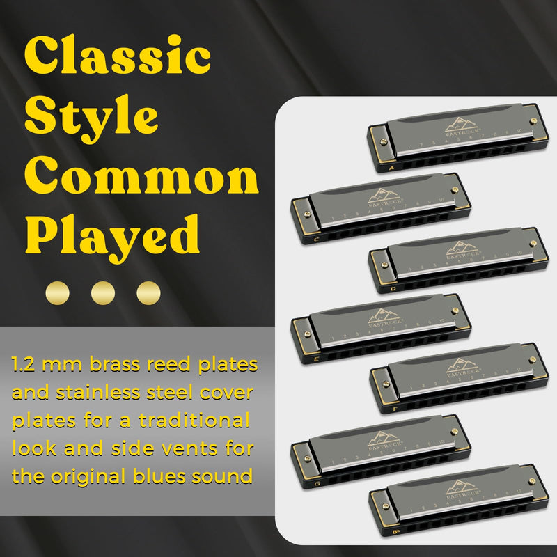 [AUSTRALIA] - EASTROCK Harmonica Set of 7, 10 Holes Blues Harp Mouth Organ Harmonica Set with 7 keys, C D E F G A Bb Key, Diatonic Harmonica for Professional Player, Beginner, Students gifts, Adult, Friends, Gift 7key-bk 