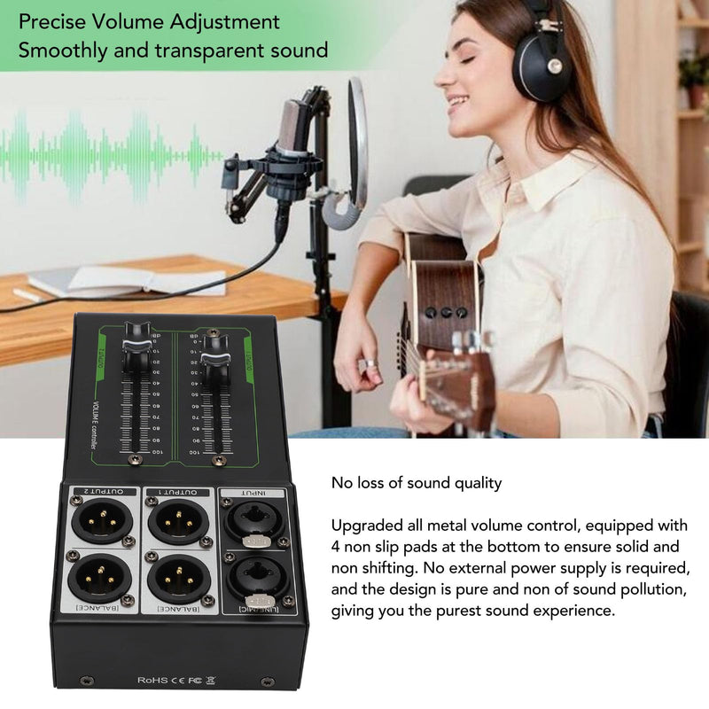 Passive Monitor Volume Controller, XLR 1 Input 2 Output Passive Stereo Studio Controller, High Precise 70Mm Fader, Controller for Studio & Home Audio System