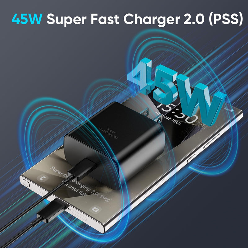Samsung Galaxy S24 Ultra Charger 45W USB-C Super Fast Charger Android Phone Charger Block with 6.6 FT Cable for Samsung Galaxy S24 Ultra/S24/S24+/S23 Ultra/S23/S23+/S22/S21/S20/Note 10/20, Galaxy Tab black 6.6FT