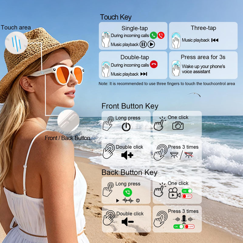 Smart Glasses with Camera AI (White, 2MP Pixel)