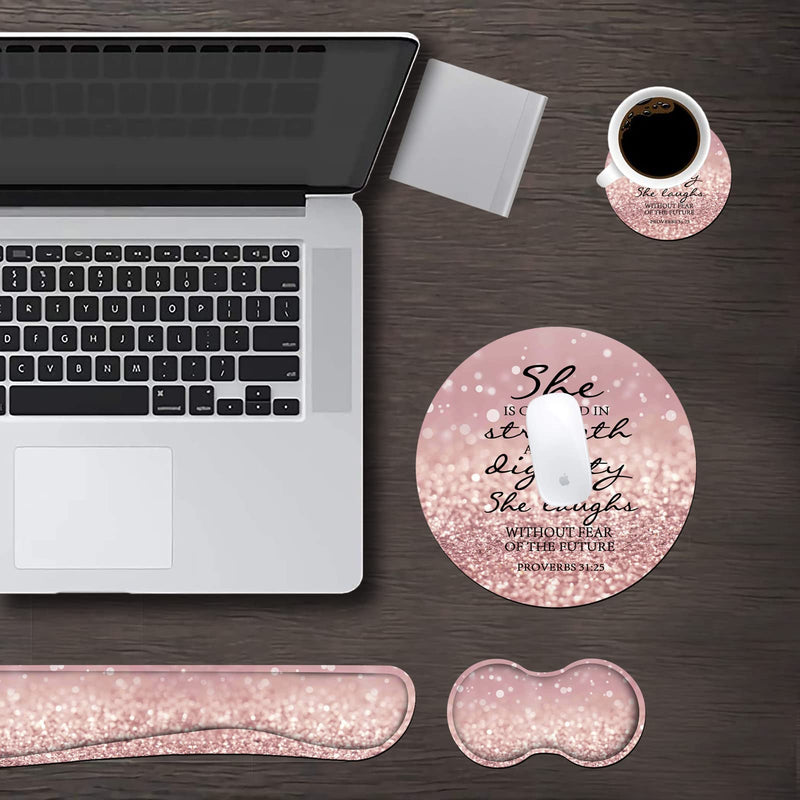 Keyboard Wrist Rest and Mouse Pad Wrist Rest Set with Coasters, Memory Foam, Easy Typing Pain Relief, 4Pcs Keyboard Mouse Pad Set for Computer, Laptop, Home & Office, Bible Verse Proverbs 31:25