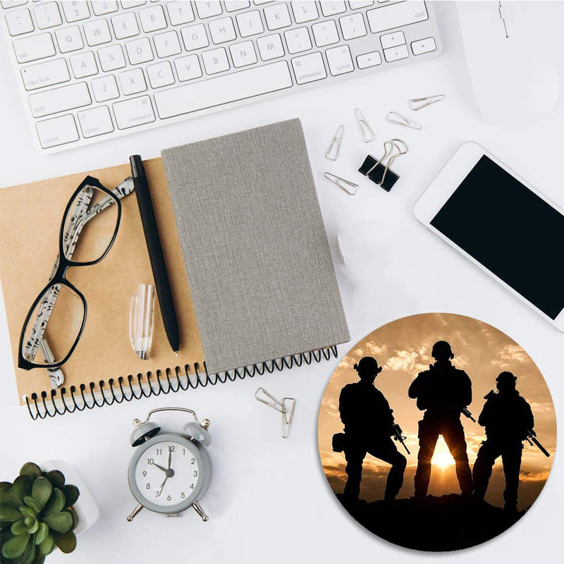 Round Mouse Pad with Coasters Set, American Army Troops Military Design Mouse Pad, Non-Slip Rubber Base Mouse Pads for Laptop and Computer Office Accessories