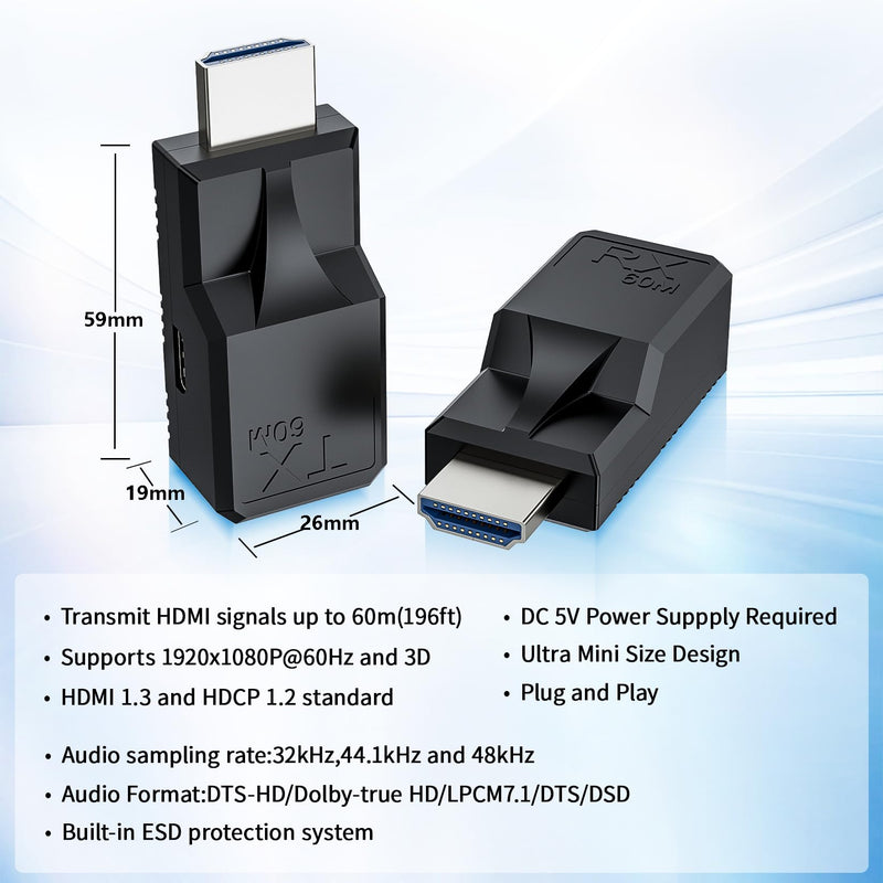 196FT HDMI Extender Over Single Ethernet Cat5e/6 Cable, Support Audio Video UHD 1080P@60Hz, HDMI Male to Male RJ45 Network LAN Extender 60M Converter Repeater, for HDTV, PC, PS3/4, Projector, Monitor 60M Extender Adapter