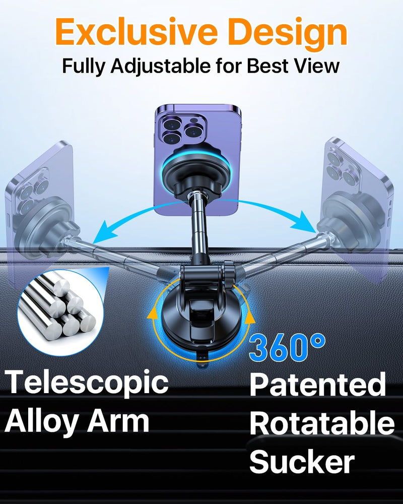 YRU Upgrade【80+LB Super Suction】Magnetic Phone Holder Car for MagSafe Mount | 【2800gf Magnet & Alloy Metal Arm】Patented Dash Windshield Vent CellPhone Cradle for iPhone17 16 Pro Max Samsung Truck, Black