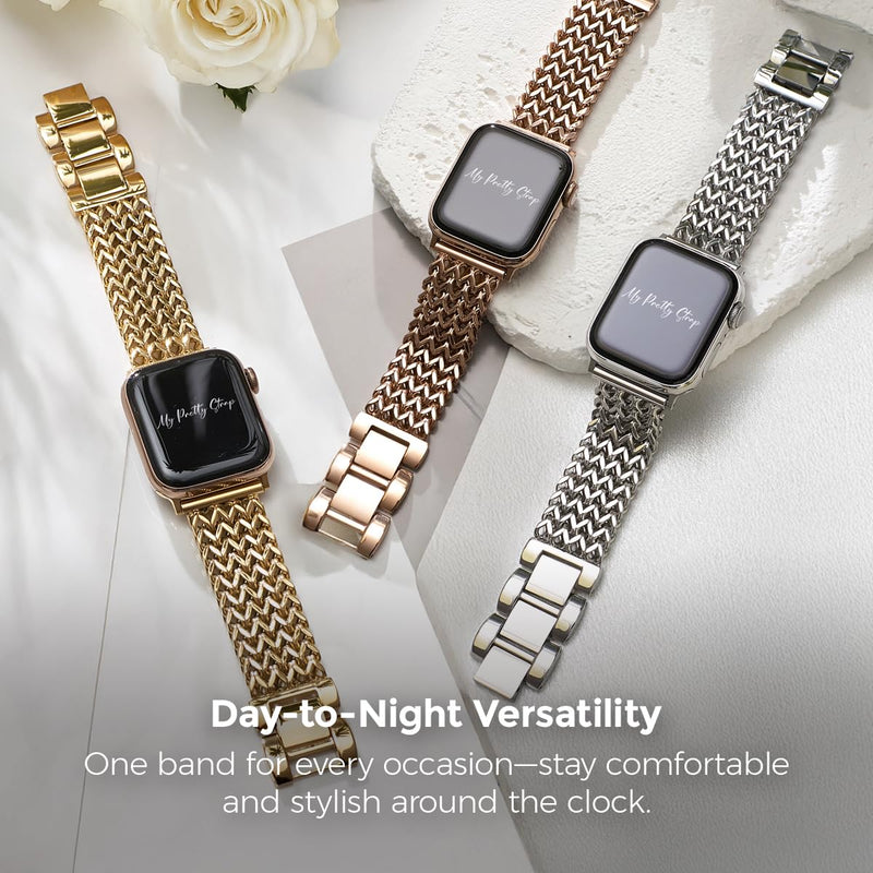 My Pretty Strap Rose Gold Apple Watch Band & Glossy XOXO Protective Case Bundle – Elegant Stainless Steel Strap & Luxury Metal Cover for Apple Watch Series 1-11, SE & Ultra (42MM) Mermaid