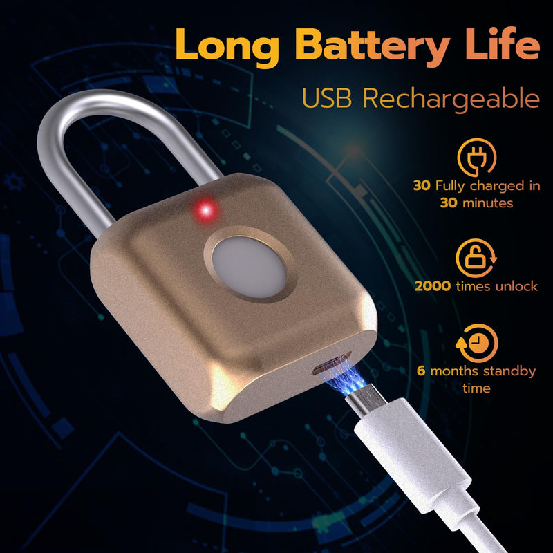 Pothunder Fingerprint Padlock, Smart Padlock, Locker Lock, Biometric Metal Keyless Fingerprint Lock, USB Rechargeable, for Gym Locker, Luggage, Backpack(Placer Gold) Placer Gold