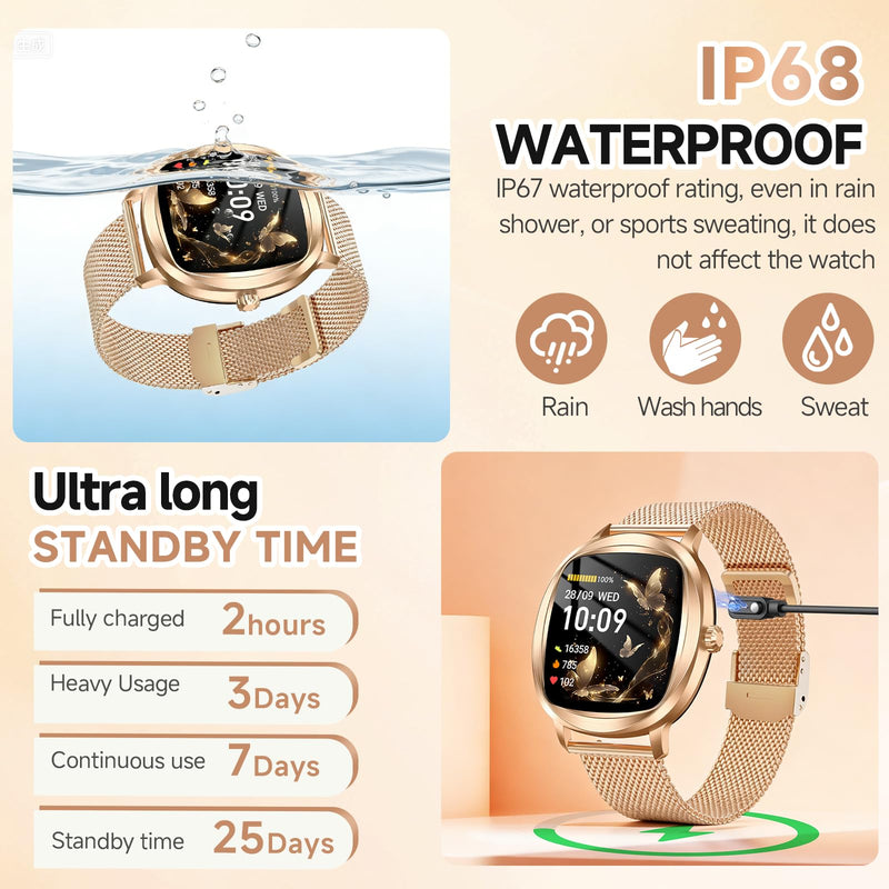 Smart Watch for Women, 1.72" Fitness Tracker with Answer/Make Calls, Sleep/Heart Rate Monitor, Smartwatch for Android iOS Support 100+ Sports Modes, IP68 Waterproof, Fitness Watch with 2 Band (Gold)