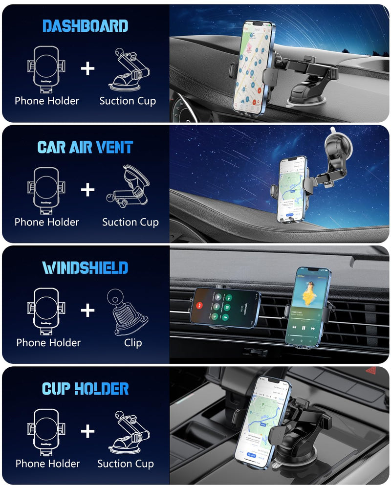 Wireless Car Charger, Fast Charging Phone Holder 3 in 1 Phone Mount Auto Clamping Car Accessories Compatible with iPhone 16 15 14 13 12 11 Xs XR, Samsung S23 Ultra S22 S21 S20/S10+ S9(Midnight Black) Midnight Black