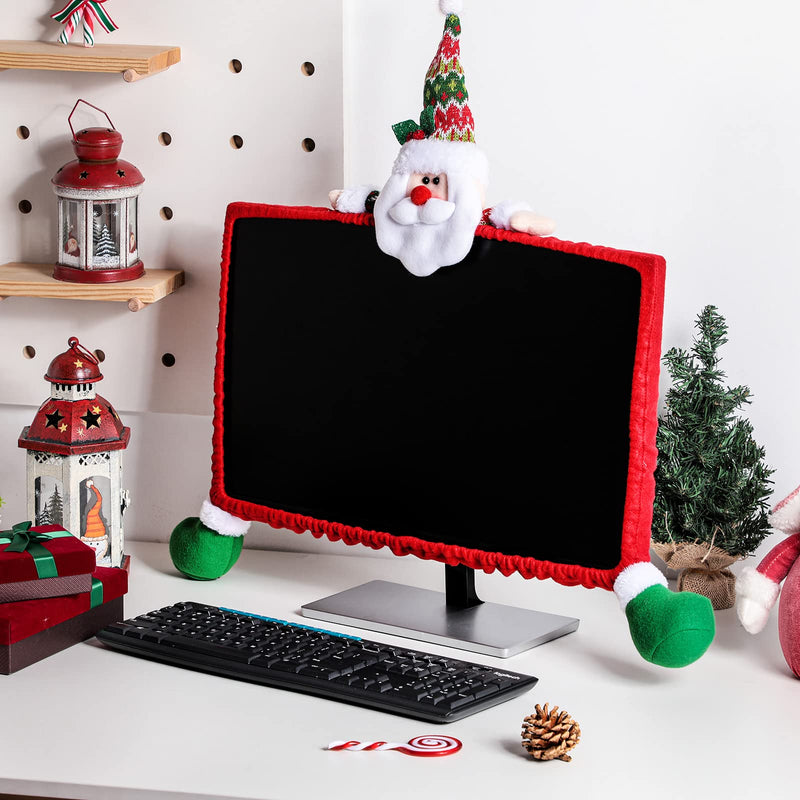 Funtery 2 Pcs Christmas Computer Monitor Cover, Christmas Office Decoration | Fits Computer Laptop Screens, Office Snowman Santa Home Festive Decor, Elastic Stretch Design