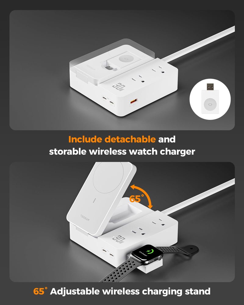TESSAN 30W Charging Station USB Phone Charger with Wireless Charging | 2 USB C/1 USB A and 2 AC Outlet,for iPhone 17/16/15 Charging Stand, for Apple Watch Charging, Flat Plug, 5ft Cord, White