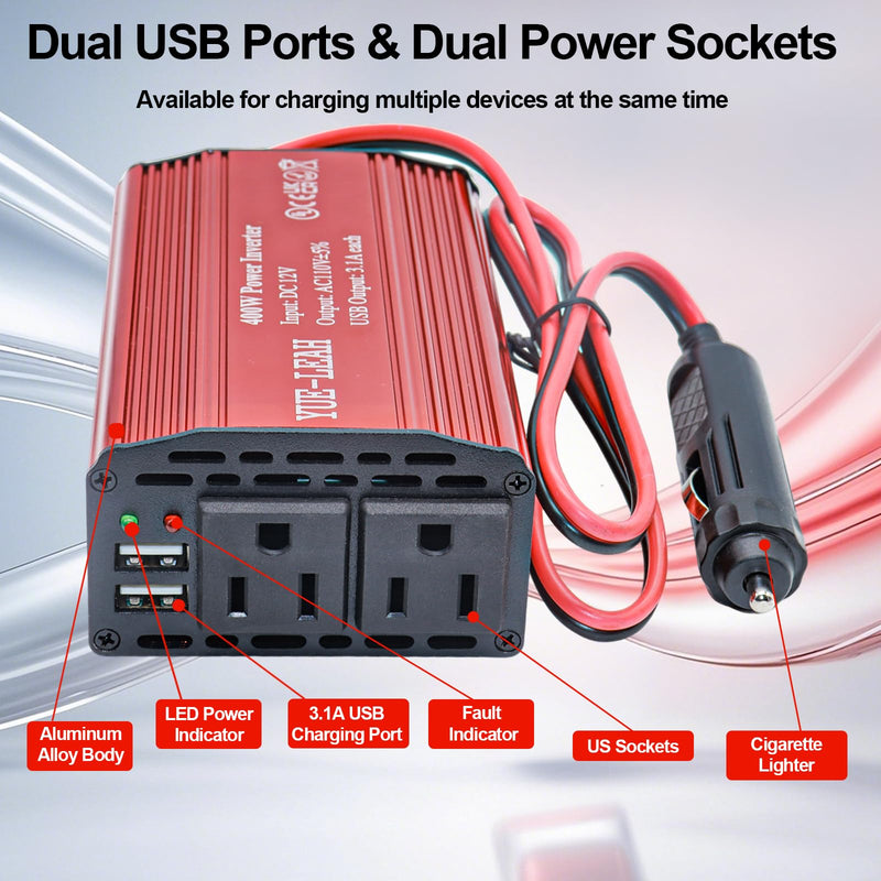 400W Power Inverter, 12V to 110V Car Inverter with 2 AC Outlets & Dual 6.2A USB Ports for Laptop, Air Compressor & Fast Charging