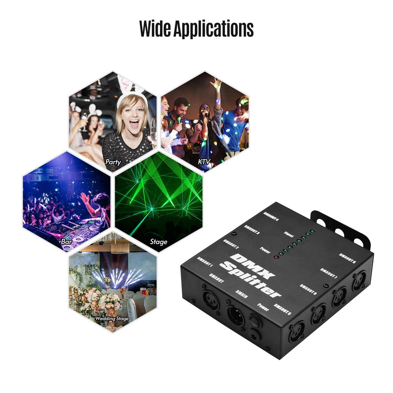 DMX512 Optical Signal Amplifier Spliter Distributor 1 Direct Input & Output 8 Independent Outputs for Light Controller Stage Console Party DJ Club Disco KTV Light with Power Adapter,Signal Split