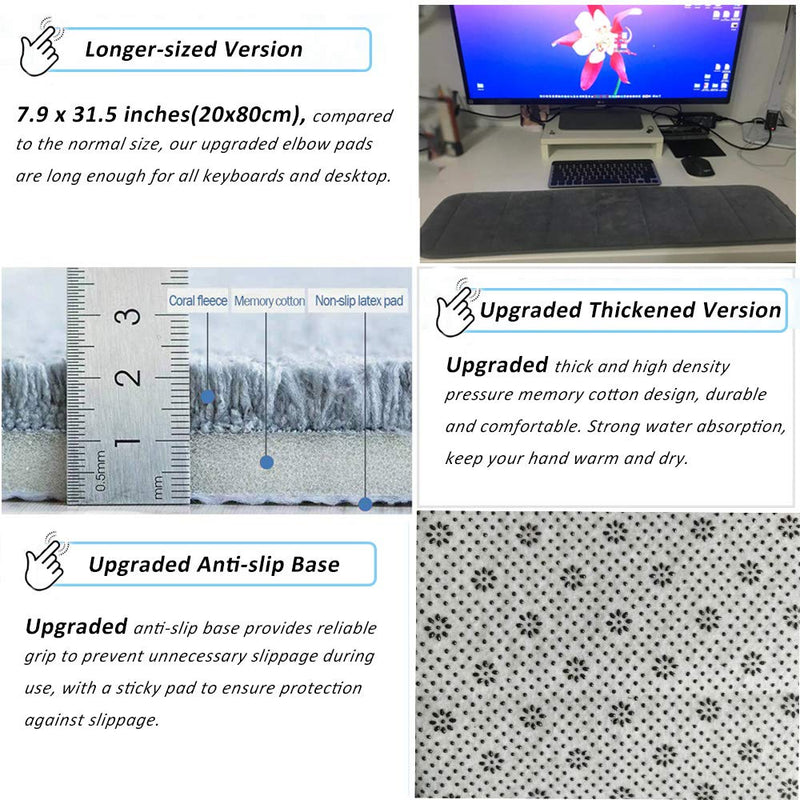Upgraded Computer Wrist Elbow Pad, Creatiee Premium Memory Cotton Desktop Keyboard Arm Rest Support Mat for Office Desktop Working Gaming - Less Elbow Pain(Long-Sized, 7.9 x 31.5 inch)(Gray) Gray
