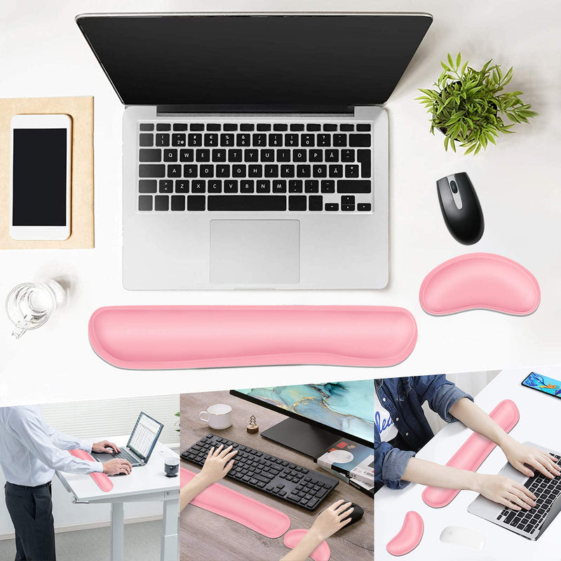DAPESUOM Keyboard Wrist Rest Pad, Mouse Wrist Rest Support, Ergonomic Mouse Pad, Upgrade Cleanable PU Leather Keyboard Wrist Pillow Rest Pad, Widened Memory Foam Set, Easy Typing, Pain Relief, Pink