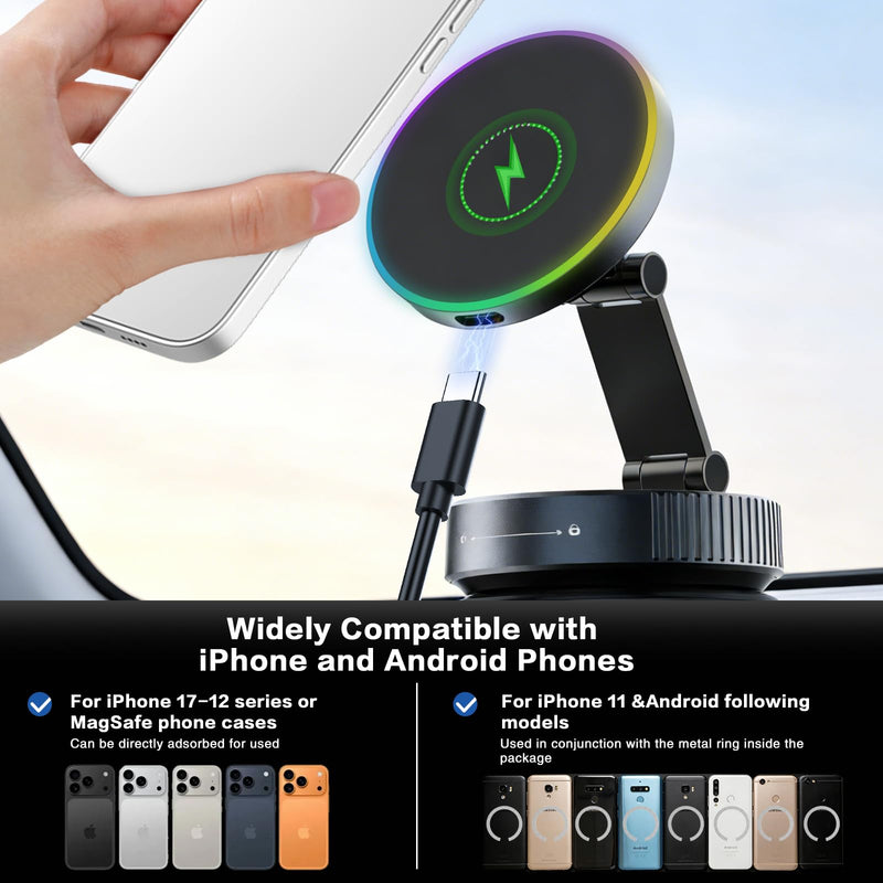 for MagSafe Car Mount Charger, Magnetic Wireless Car Charger | 15W Fast Charging, 120LBS Ultra Suction Cup, 2800gf Magnet, 360° Adjustable Vacuum Magnetic Phone Holder for iPhone & Android