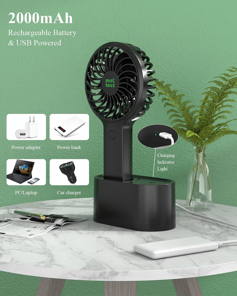Minthouz Handheld Fan, 90° Automatic Head Shaking Personal Fan with Rotating Base, 3 Speed Adjustable Portable Fan Rechargeable Desk Fan with 2000mAh Built-in Battery, Mini Fan for Office/Home/Outdoor Black