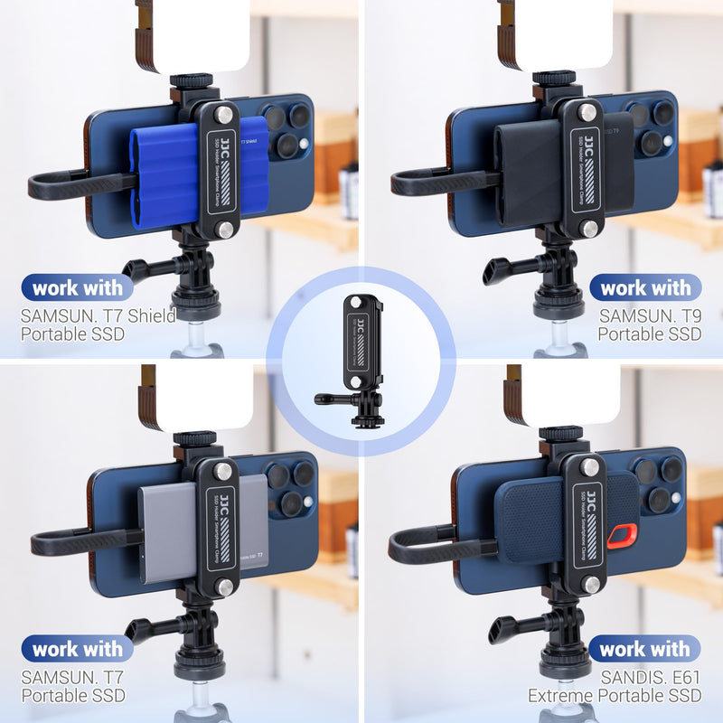 JJC 2-in-1 Multi-Use Phone Clamp SSD Holder Bracket, 360°Rotates SSD Mount Support with Cold Shoe, 1/4"-20 Tripod Mount for Photography Videography Video Recording Vlog Streaming