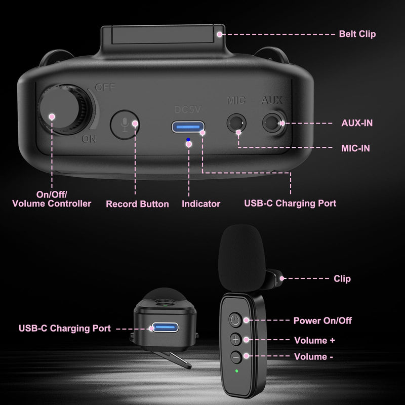 [AUSTRALIA] - TRELC Wireless Voice Amplifier with Lavalier Microphone, Portable Rechargeable Clip On Megaphone Speaker Wireless Lapel Mic for Teachers, Noise Reduction/10W/2000mA, for Tour Guide, Outdoor (Black) Black 