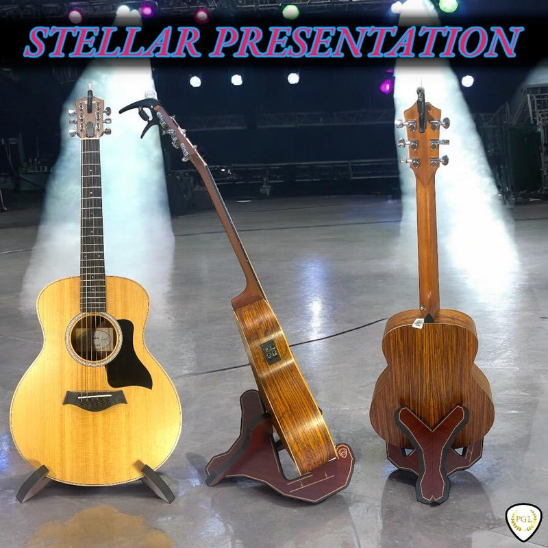 PGL Stepped Wooden Guitar Stand (Floor Stand) w/ Thicker EVA Protective Padding, Thicker Material, Electric Guitar Step, Acoustic Guitar Step, Surface Laser Engraved Diagram and Border, Universal Holder for Acoustic, Bass, Electric & Classical Guitars ...