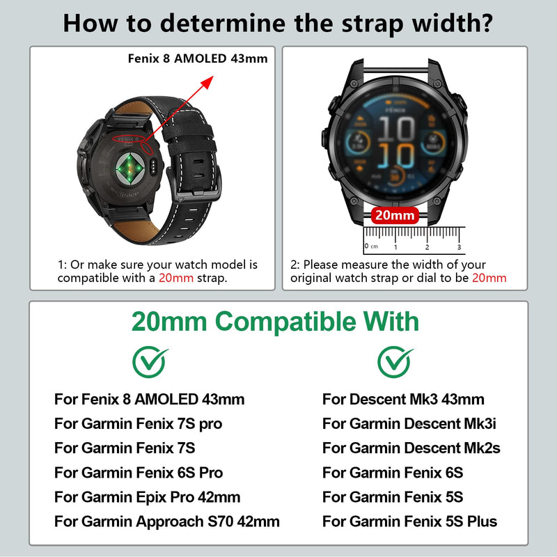 20mm Quickfit Watch Band Compatible With Garmin Fenix 8 AMOLED-43mm/Fenix 7S pro/7S/Fenix 6S Pro/6S/5S Plus/5S/Epix Pro 42MM/Approach S70 42mm/Descent Mk3-43mm/Mk2s