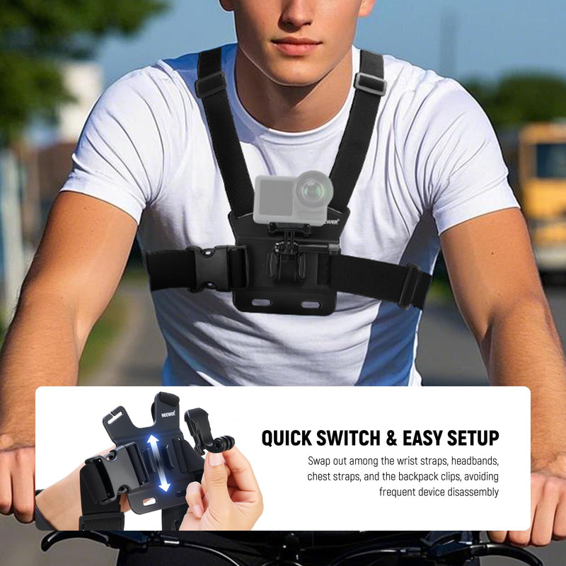 NEEWER Accessory Set Compatible with GoPro Hero Insta360 DJI AKASO Action Camera, Quick Change Head Strap Head Strap Holder, Chest Strap, Backpack Hat Clip Holder & 360° Wrist Strap for GP-75 GP-75 Accessory
