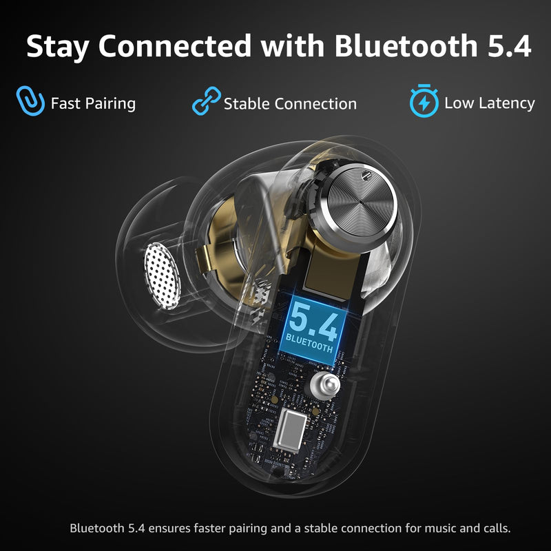 TOZO Crystal Pods Hybrid Active Noise Cancelling Wireless Earbuds, Black | 10mm Drivers Deep Bass, 4 Mics Smart ENC AI Calls, Real-Time AI Translation, 32 EQ via App, Bluetooth 5.4, 70H,Crystal Design
