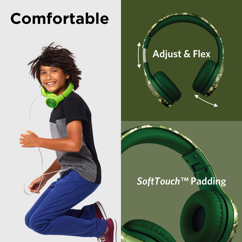 LilGadgets Connect+ Pro Wired Kids Headphones for School with Microphone, Volume Limiting Over-Ear Headset with Cord, SharePort Technology & SoftTouch Padding, Green Digital Camo Printed